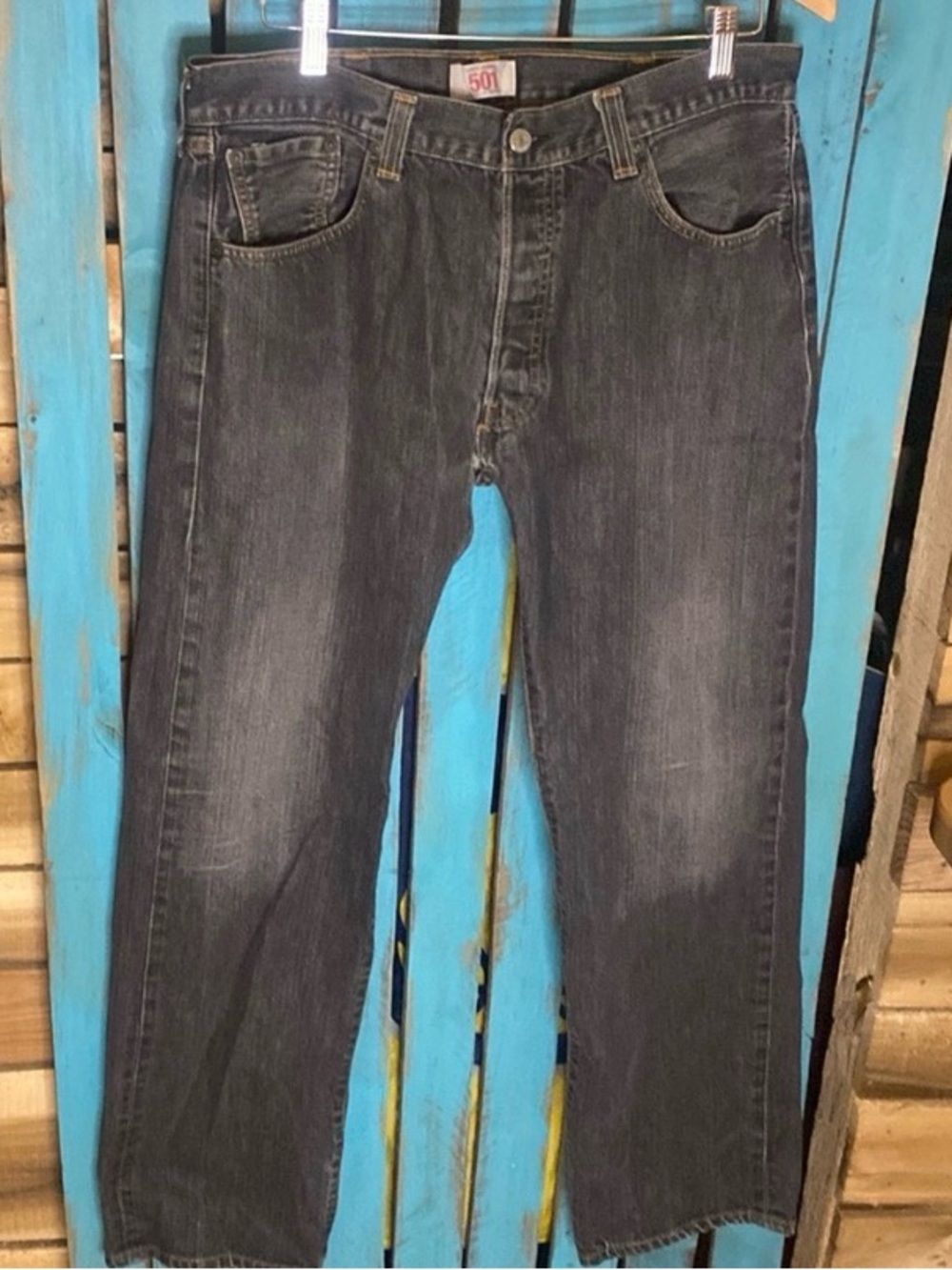 Levi’s 501 button fly jeans size 36x34 (tag says 38x34) gray red tab
